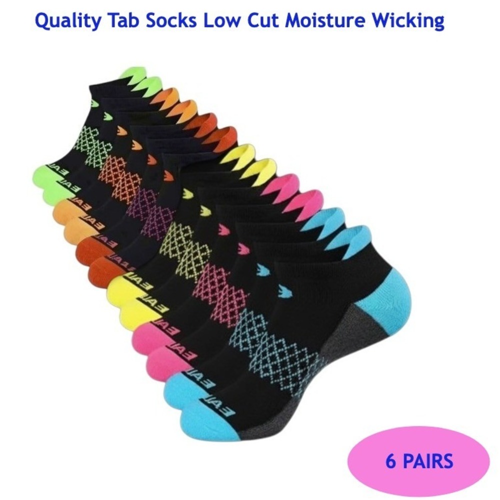 Colorful Athletic Women's Ankle Socks M/L 6 PACK Tab Low Cut High Quality NEW